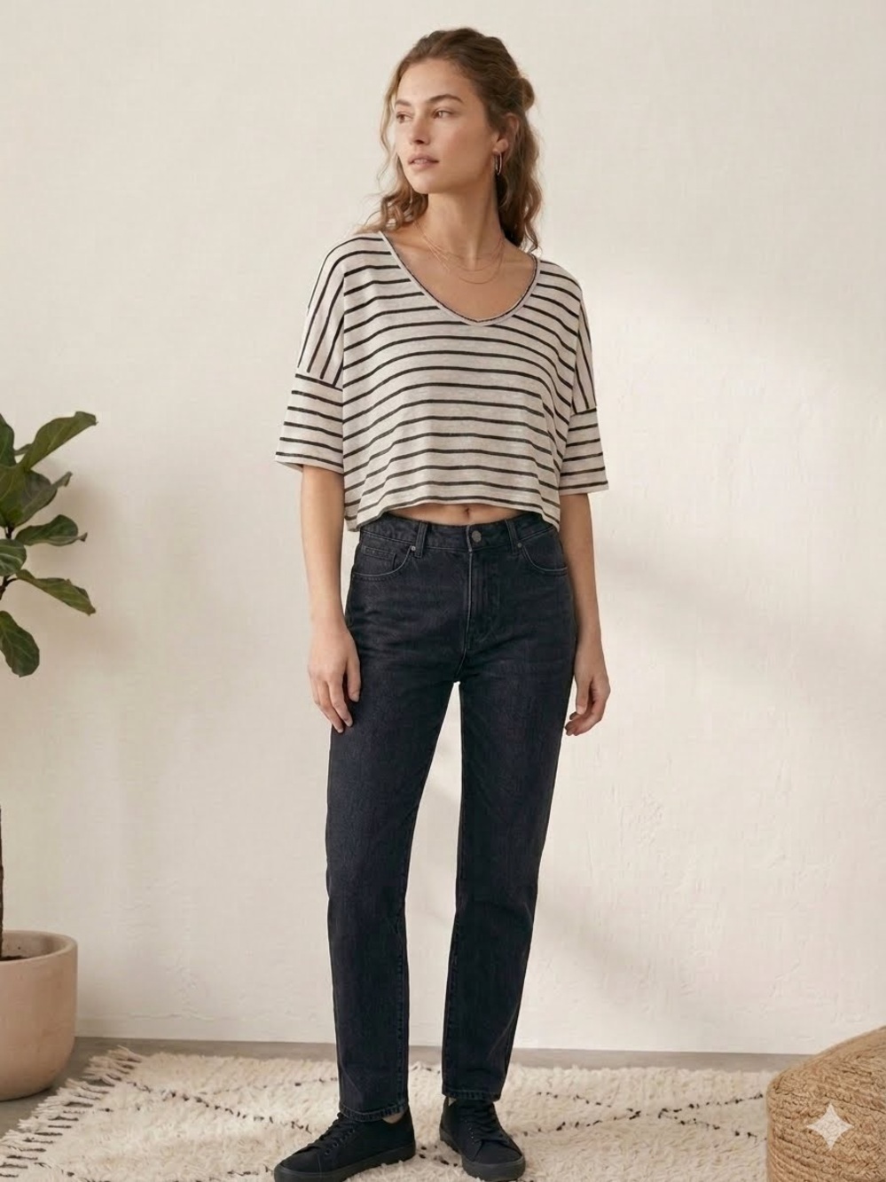 Wilfred Striped Cropped Tee in Cream and Black